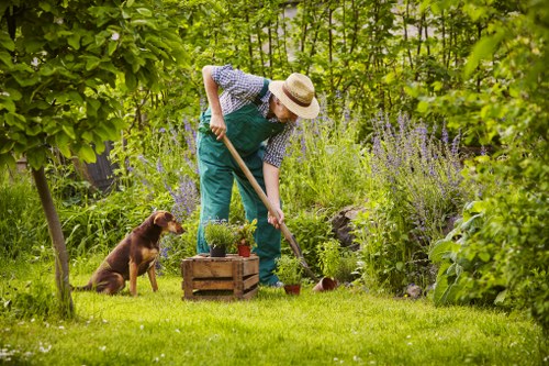 Landscaping plan and workers installing permeable paving