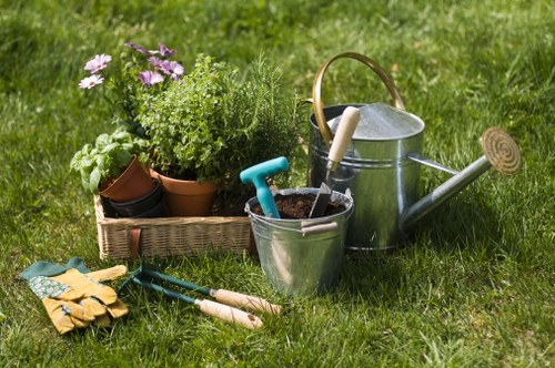 A garden scene showing a lush, well-maintained grassy lawn with various gardening tools and supplies arranged in the foreground. There are yellow gardening gloves, a pair of green-handled pruning shears, and a small hand rake laid on the grass. To the left, a woven basket contains potted plants with green foliage and flowering plants with purple blossoms, indicating a thriving garden area. In the midground, a shiny metal watering can with a wooden handle and a long spout is positioned beside a small metal bucket holding additional garden tools, including a trowel. The background features vibrant green grass extending into the distance, suggesting an outdoor landscaped space typical of properties in Chelsea or nearby areas. The lighting suggests a bright day with natural sunlight, emphasizing the fresh, healthy appearance of the garden elements, subtly supporting local gardening services' expertise in outdoor maintenance and landscaping in the Chelsea area.